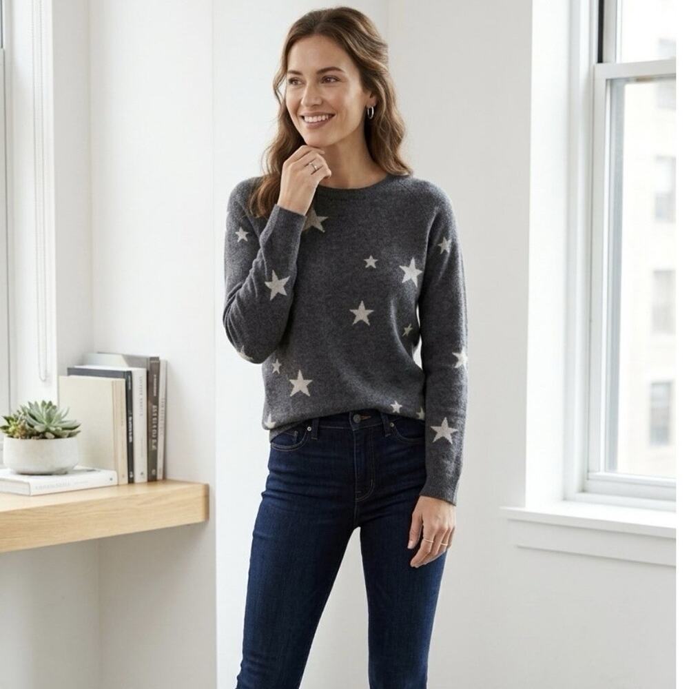 Philosophy 100% Cashmere Star Print Sweater Charcoal Grey Medium Preppy Crewneck